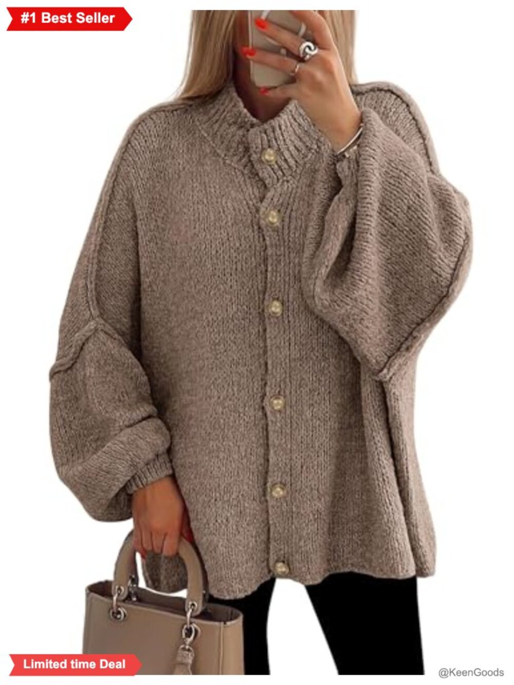 Chunky Knit Oversized Cardigan Sweater Button Down Mock Neck Lantern Sleeve
